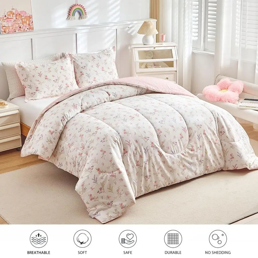 3pcs Cotton Comforter Set for Girls, Pink Floral Design, Twin Size Soft n Cozy Bedding Comforter Set.