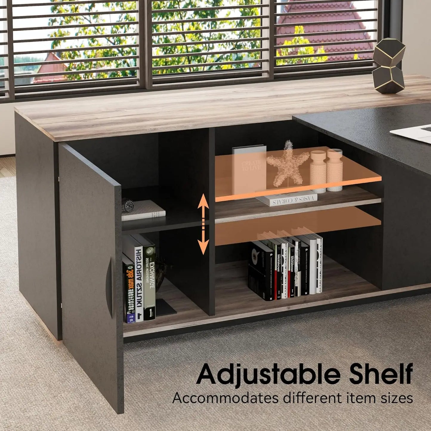 63in L-Shaped Executive Desk with 47" lateral File Cabinet/Storage Shelves Business Table Computer Home Office