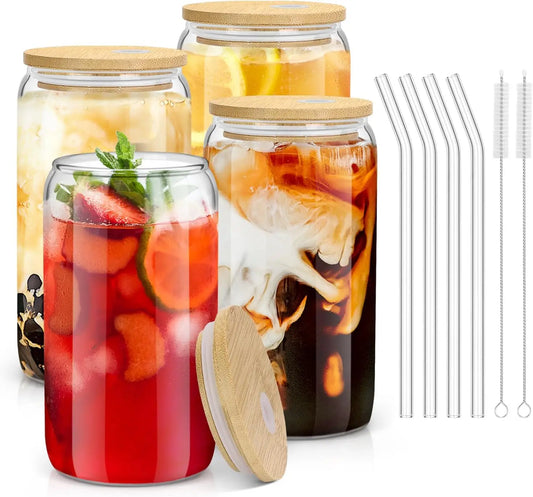 4Pcs 18.6Oz/550Ml Drinking Glasses with Bamboo Lids and Glass Straws, Glass Cups.
