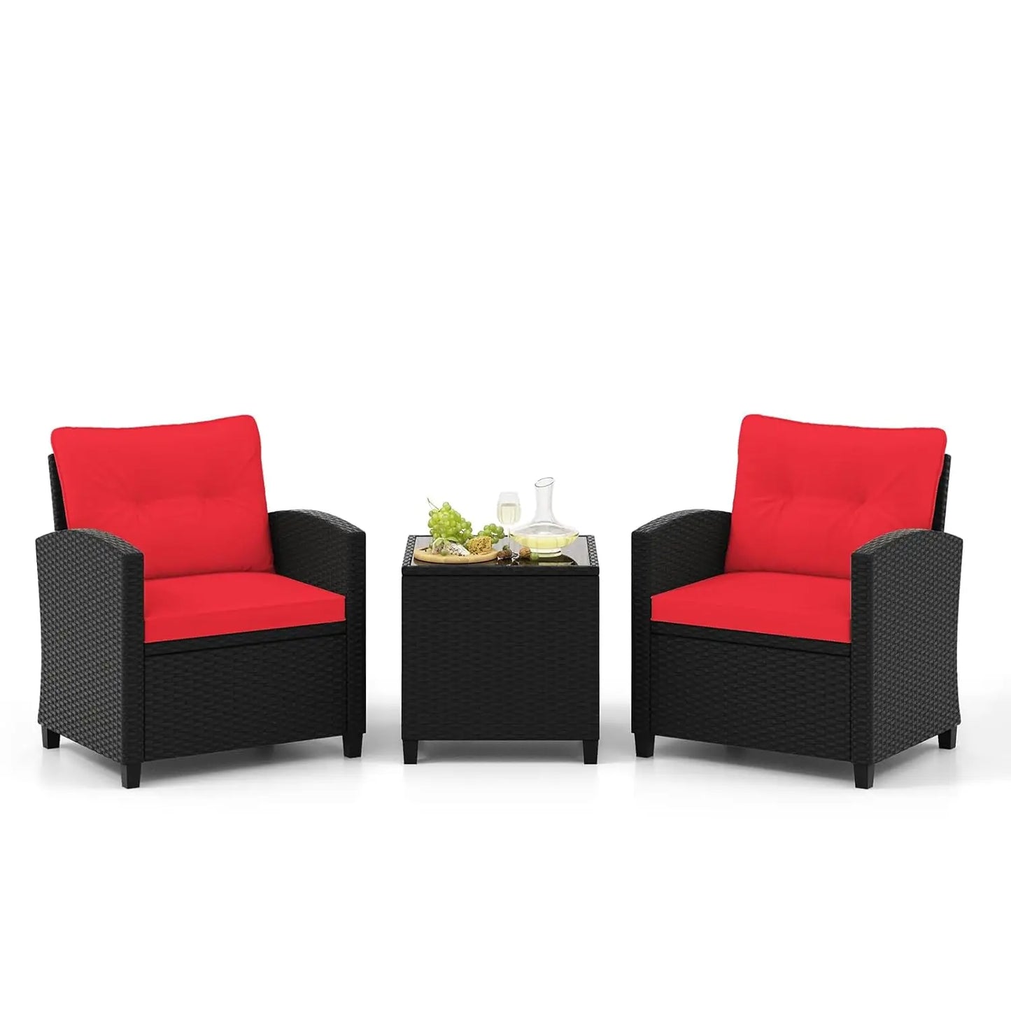 3 Pieces Patio Furniture Set, PE Rattan Wicker Outdoor Sofa Set w/Washable Cushion and Tempered Glass.