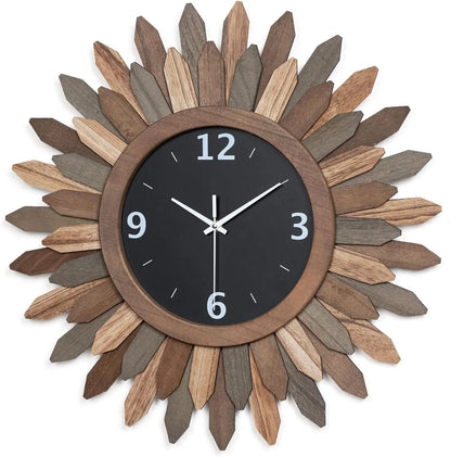 Large Wall Clock Battery Operated 21 in Rustic Wood Boho Sunburst Decorative Wall Clock, Silent.