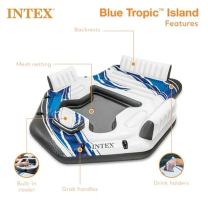 Blue Tropic Inflatable 5 Person Raft with Backrests Built-in Cooler and 4 Cupholders for Swimming Pool.