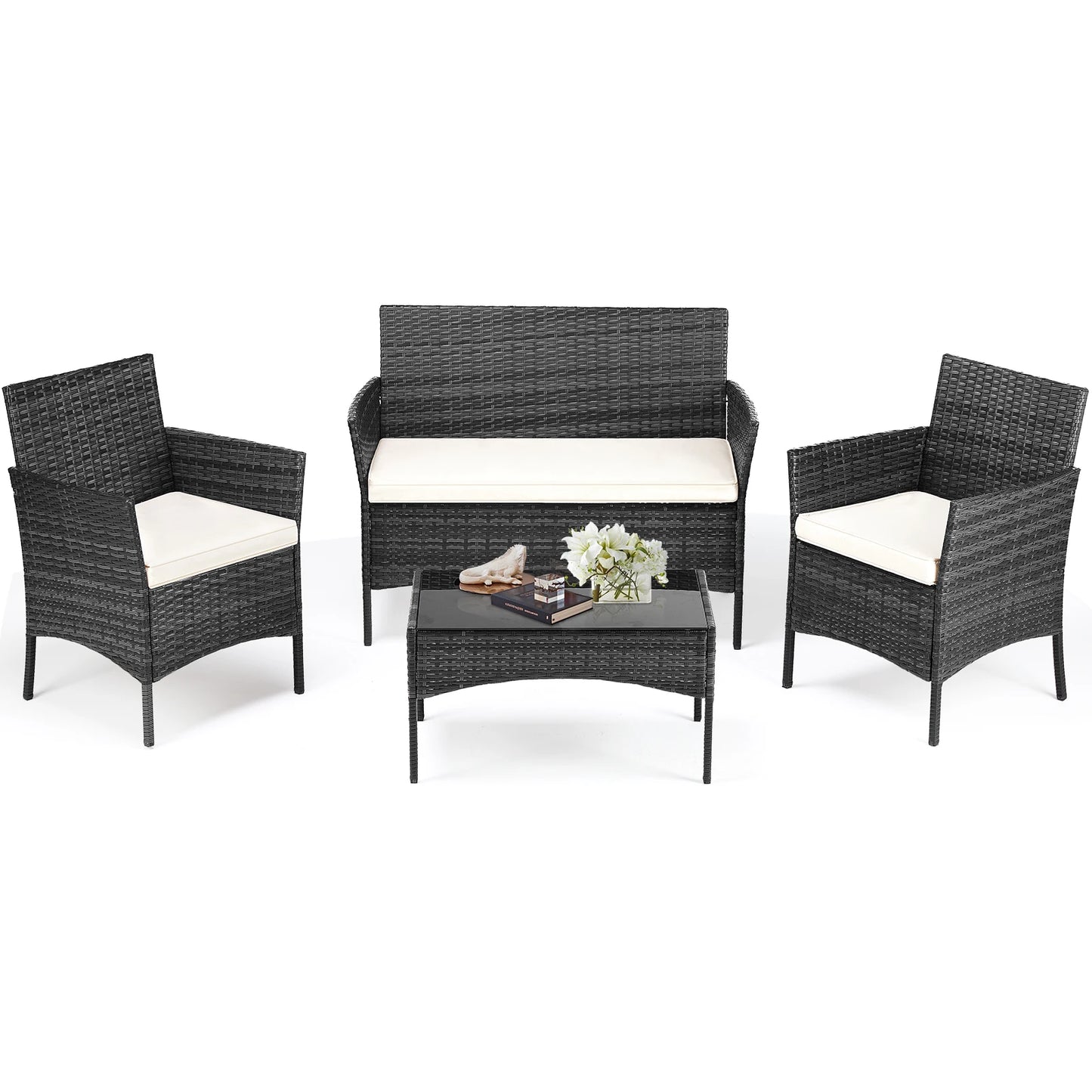 4 Piece Outdoor Patio Furniture Set with Soft Cushion, Glass Table Manual Weaving Wicker Rattan.