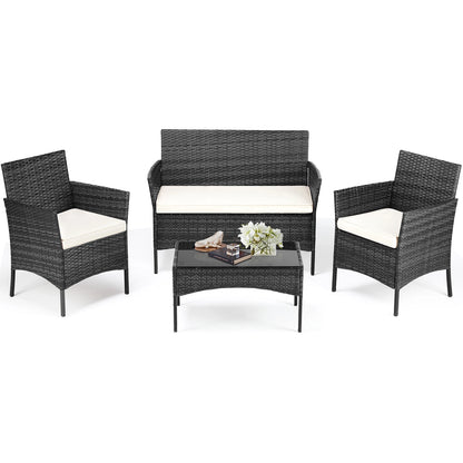 4 Piece Outdoor Patio Furniture Set with Soft Cushion, Glass Table Manual Weaving Wicker Rattan.
