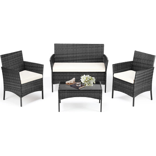 4 Piece Outdoor Patio Furniture Set with Soft Cushion, Glass Table Manual Weaving Wicker Rattan.