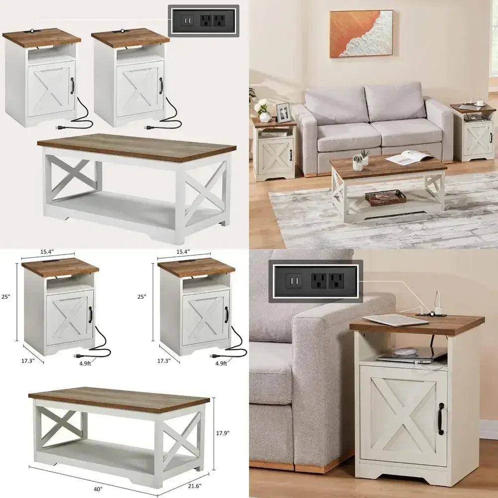 Bestseller Farmhouse Style 3-Piece Living Room Furniture Set - Coffee Table - 2 End Tables, Charging Station.