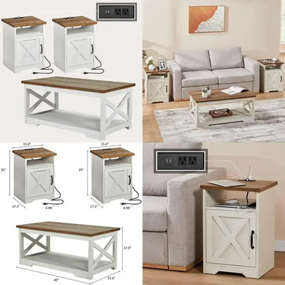 Bestseller Farmhouse Style 3-Piece Living Room Furniture Set - Coffee Table - 2 End Tables, Charging Station.