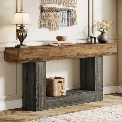 Tribe signs 63" Console Table, Farmhouse 2-Tier Entryway Table with U-Shaped Base, Narrow.