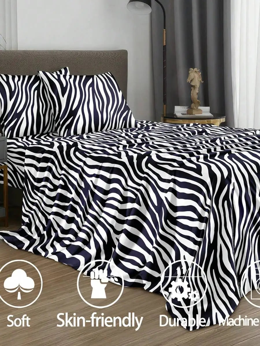 4PCS Zebra Print Bedding Set - Microfiber Sheet Set with Deep Pocket Fitted Sheet