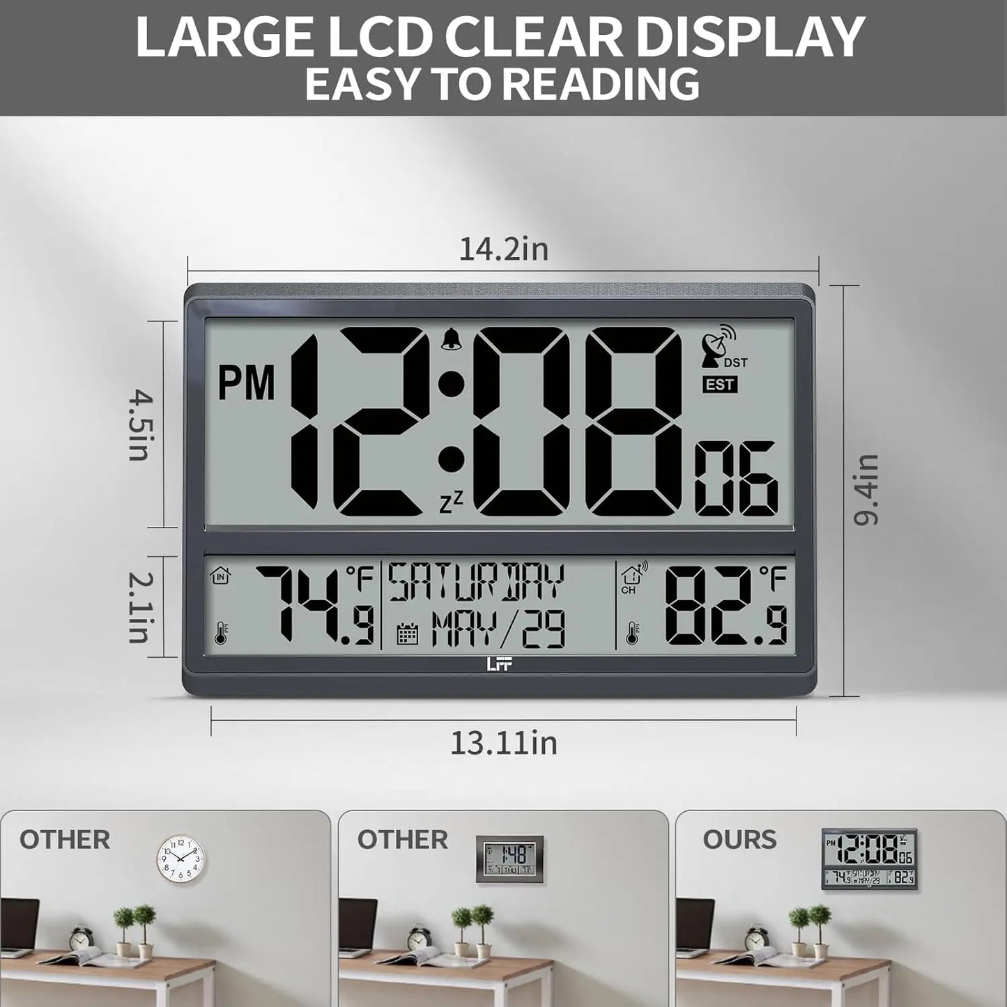 Atomic Wall Clock with Wireless Outdoor Temperature Sensor, Large Digital Display, Auto-Sync Time & Calendar.