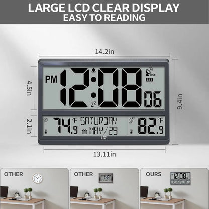 Atomic Wall Clock with Wireless Outdoor Temperature Sensor, Large Digital Display, Auto-Sync Time & Calendar.