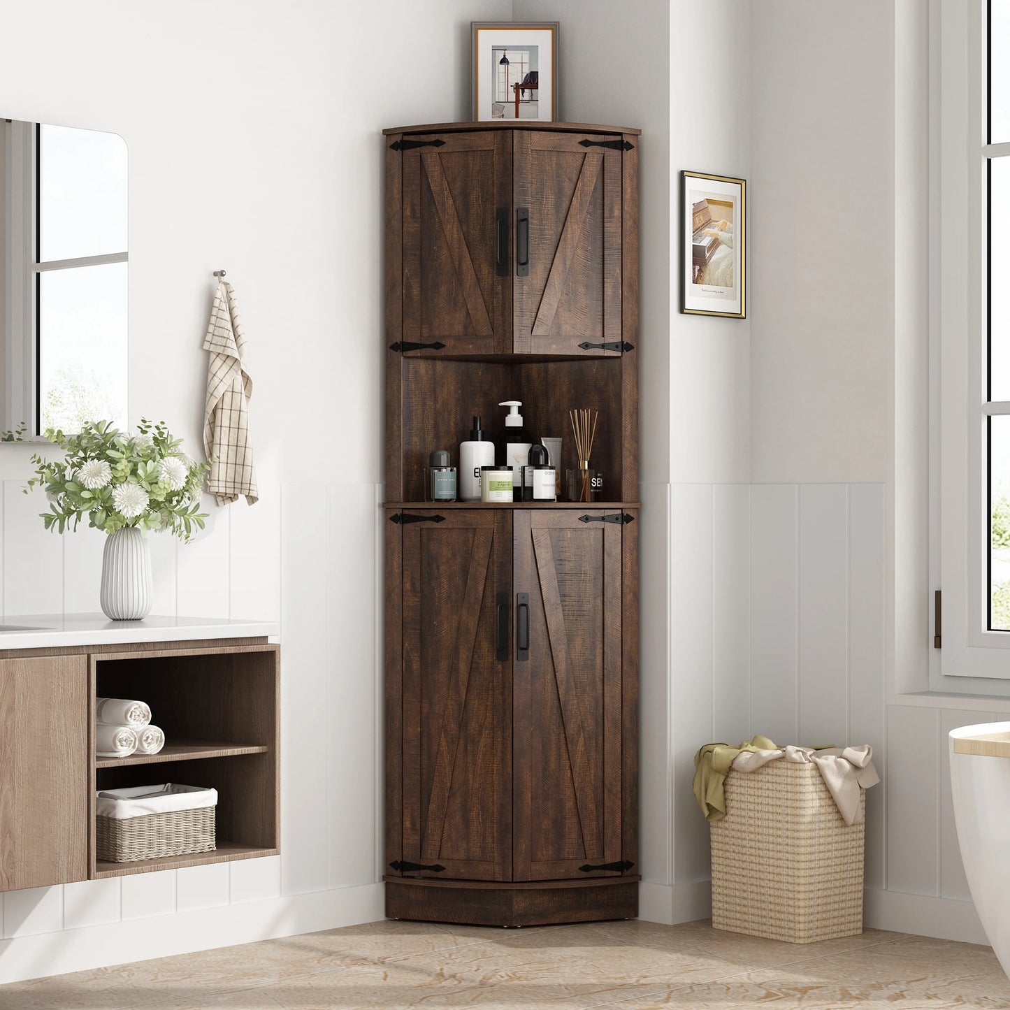 Bathroom Storage Tall Cabinet, 67" Corner Storage Cabinet with Barn Doors and Adjustable Shelf.