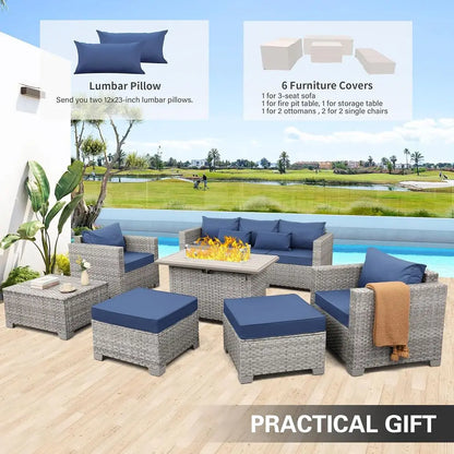6-Piece Grey PE Rattan Outdoor Sectional Sofa Set with Fire Pit Table and Navy Blue Cushions