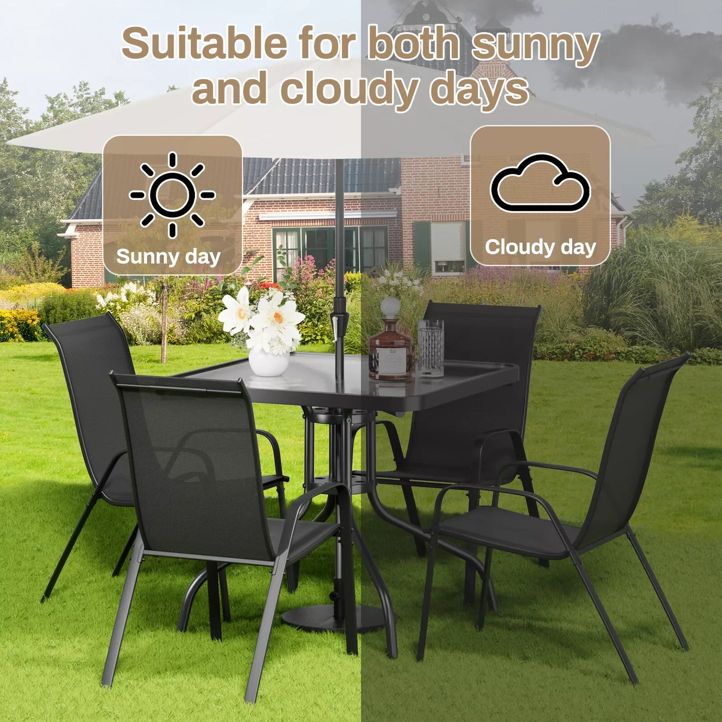 Patio Dining Set 5 Pieces, All Weather Outdoor Furniture W/ 30"x30" Table and 4 Stackable Chairs.