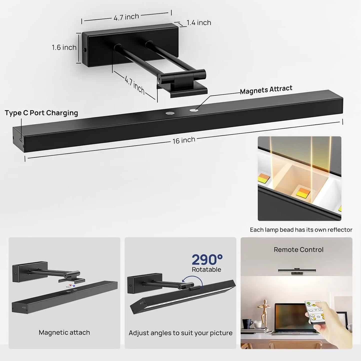 16in Wireless Art Light for Paintings CCT Dimmable Recharging, with Remote Control.