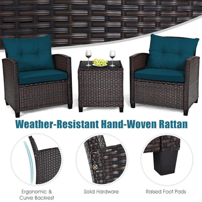 3 Pieces Patio Furniture Set, PE Rattan Wicker Outdoor Sofa Set w/Washable Cushion and Tempered Glass.