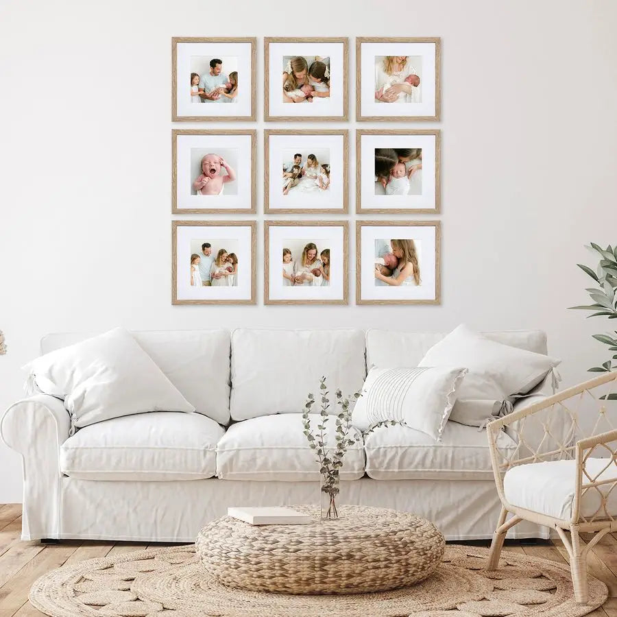 9 Piece Gallery Wall Frame Set, 12x12 in. Matted to 8x8 in. Light Natural